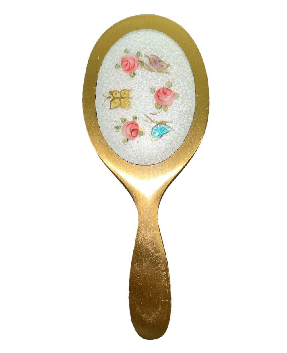 miniature Fashion Doll house ormolu hand Mirror enamel flower Butterfly 5”X2”